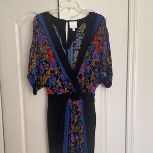 Anthropologie V-neck Floral Print Short Sleeve Jumpsuit